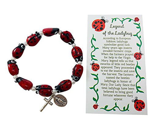 Pulsera de rosario de mariquita leyenda de Nuestra Señora Bug católico ajustable accesorio de joyería para mujer con tarjeta santa
