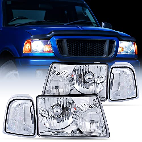 Nilight Headlight Assembly for 2001 2002 2003 2004 2005 2006 2007 2008 2009 2010 2011 Ford Ranger Replacement Headlamp Chrome Housing Clear Reflector, 2 Years Warranty