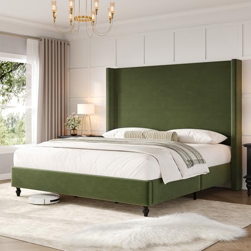 AMERLIFE Queen Size Bed Frame with 63" Tall Headboard, Upholstered Corduroy Bed Frame with Wingback, Platform Bed with Solid Wood Gourd Legs, Solid Slats, No Box Spring Needed, Green AMERLIFE Queen Size Bed Frame with 63" Tall Headboard, Upholstered Corduroy Bed Frame with Wingback, Platform Bed with Solid Wood Gourd Legs, Solid Slats, No Box Spring Needed, Green