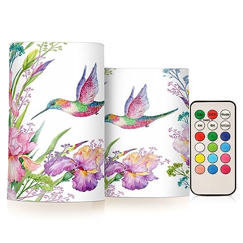 Kcldeci Flameless Candles Iris and Hummingbird Battery Operated Candle LED Flameless Candles Remote Control Candles Outdoor LED Flameless Pillar Candles Set of 2