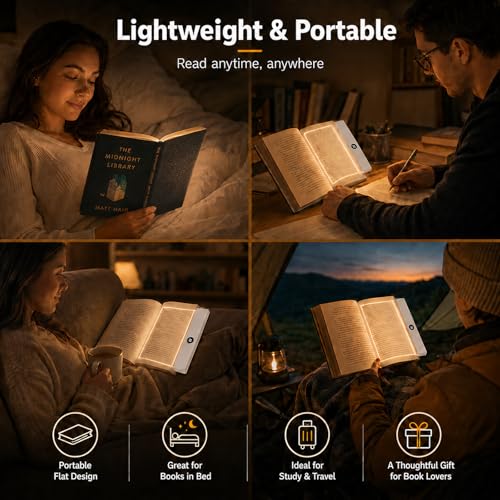 Image of Smart 2-in-1 LED Book Light for Night Reading - Rechargeable Full-Page Reading Lamp with 3 Color Temperatures, Eye-Friendly, Portable Bookmark Light, Funny Gifts for Kids, Students&Book Lovers (White)