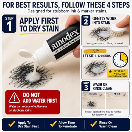 Image of Amodex Ink & Stain Remover for Clothes, Leather and Skin - Removes Ink, Ballpoint, Sharpie, Grease and More, Works on Set-in Stains, Gentle but Powerful, 4oz /120ml Bottle (Pack of 2)