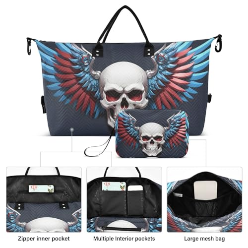 Large Travel Duffel Bag, Skull Metal Wings Sports Tote Gym Bag, Shoulder Weekender Overnight Bag for Women Men, Carry On Luggage with Toiletry Bags2