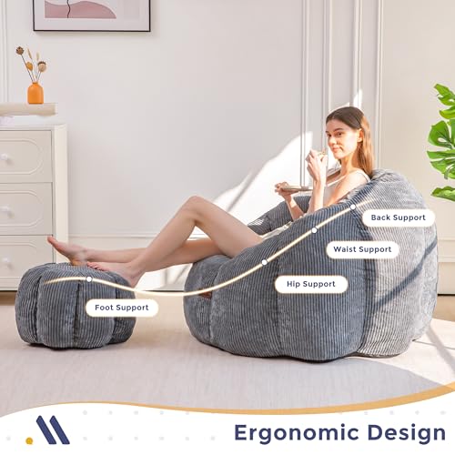 Image of MAXYOYO Giant Bean Bag Chair with Ottoman, Pumpkin-Shaped Bean Bag Sofa with Footstool, Oversized Boneless Couch Chair in a Box, Comfy and Lazy Lounge for Dorm, Living Room, Bedroom, Dark Grey