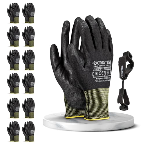 FUZZIO 12 Paar Arbeitshandschuhe Herren Gr 10, Mechaniker Handschuhe, Gartenhandschuhe Herren, Arbeitshandschuhe Damen, Montagehandschuhe, Polyurethan Beschichtung mit Handschuhclip