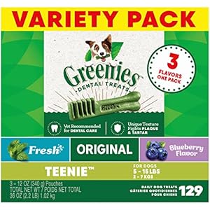 GREENIES TEENIE Natural Dog Dental Care Chews Oral Health Dog Treats 3-Flavor Variety Pack, (3) 12 oz. Pouches, 129 Total Treats GREENIES TEENIE Natural Dog Dental Care Chews Oral Health Dog Treats 3 Flavor Variety Pack 3 12 oz Pouches 129 Total Treats