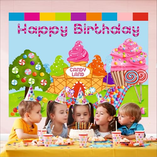 Image of Candy Land Theme Backdrop | Backdrop for Birthday Decoration | Happy Birthday Banner for Kids (Pack of 1, Multicolor, Size: 5x4 Feet)