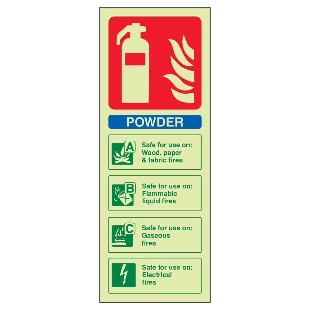 V Safety Glow In The Dark Powder Id Fire Extinguisher Sign - 100mm x 280mm - Rigid Plastic