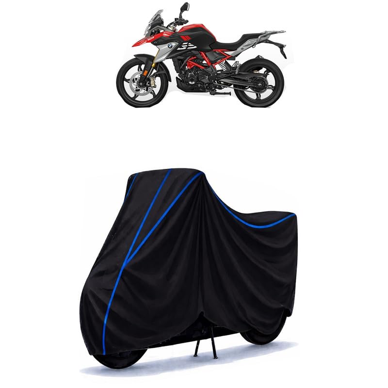 Image of G 310 GS Bike Cover Water Resistant Universal Motorcycle Rain | Heavy Duty UV Protection, Dust, Scratch Indoor Outdoor All Weather with Black Blue Piping Elastic