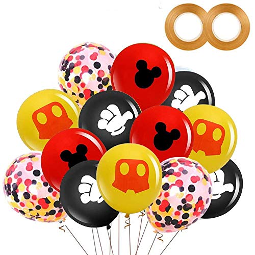 42 Pack Mickey Mouse Balloons,12 Inch Latex Balloons Red Black Yellow Mickey Color Confetti Balloons Kit for Baby Shower Baby Birthday Mickey Mouse Theme Party Supplies Kids Birthday Decorations with 2 Ribbons