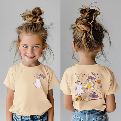 BOUTIKOME Toddler Baby Girls Halloween T-Shirts Boo Ghost Pumpkin Witches Graphic Shirts Kid Short Sleeve Tees Fall Tops3