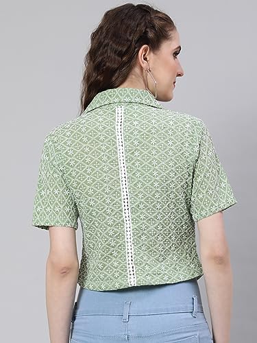 Image of Sea Green Floral Embroidered Cotton Shirt Style Crop Top