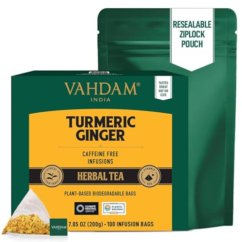 Image of VAHDAM Organic Turmeric Ginger Herbal Tea Bags (100 Pyramid Tea Bags) Caffeine Free, Non GMO | 100% Pure Herbal Blend - Savory & Spicy, Plant-Based Teabags | Resealable Ziplock Pouch (Pack of 2)