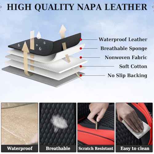 Image of Coverado Front Seat Covers for 2013-2017 Jeep Wrangler, Waterproof Red Leather Car Seat Covers Custom Fits Jeep Wrangler 2 /4 Door Unlimited Rubicon Sahara Sport High Altitude Pickup Truck