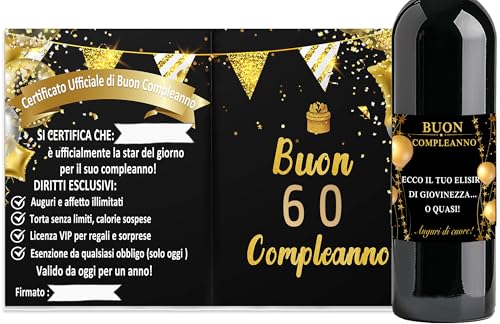 XL Biglietto Auguri 60 anni Compleanno + 2 Etichetta per bottiglie Certificato Compleanno Cartolina di Compleanno XXL per Messaggi e Dediche idea regalo originale 60 anni di compleanno uomo donna