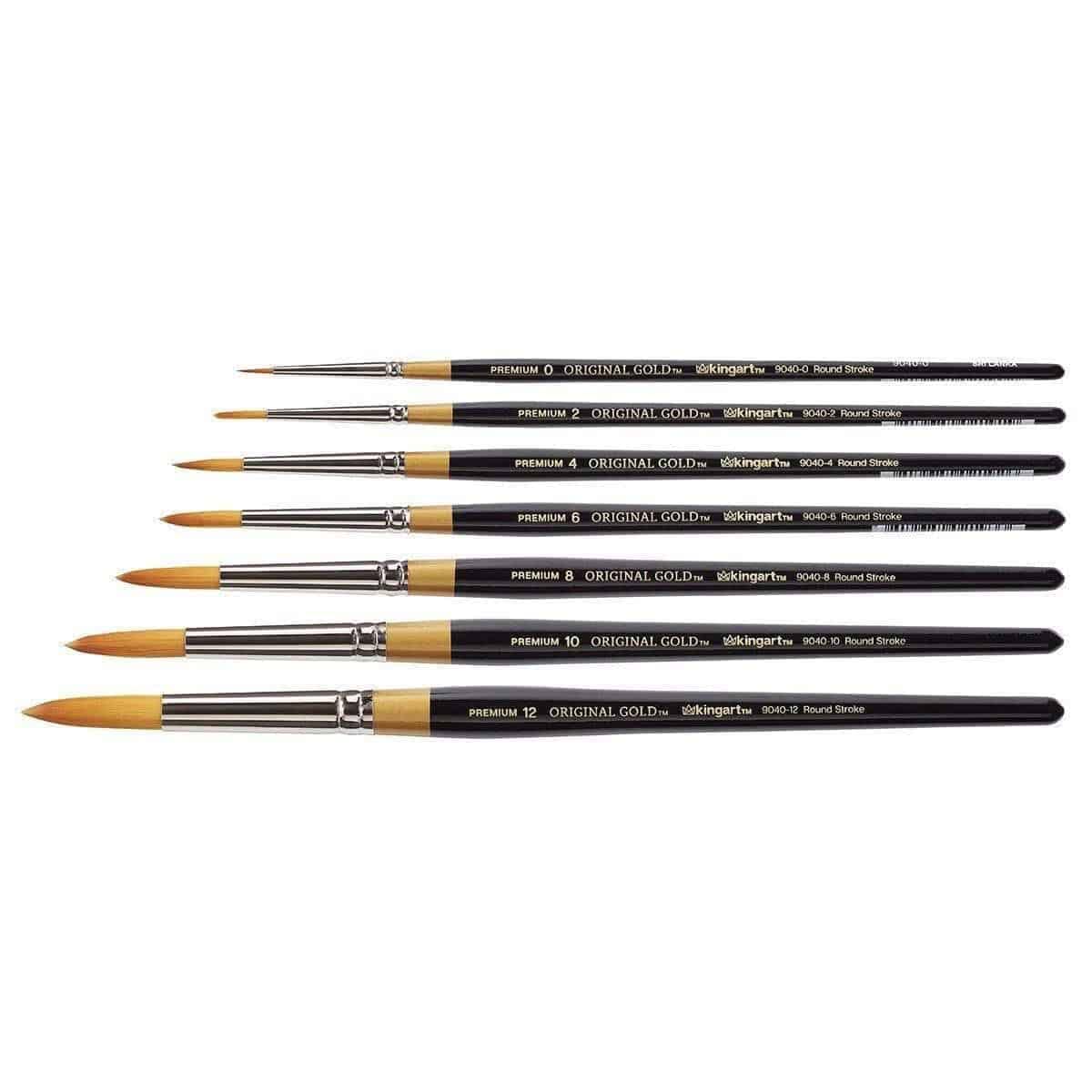 KINGART B-029 Premium 7 szt. Oryginalny zestaw pędzli z serii Gold 9040 Round Stroke Brush, Syntetyczny złoty Taklon do akrylu, oleju, akwarela malarskiego, krótki uchwyt, 7 pędzli rozmiar: 0, 2, 4, 6
