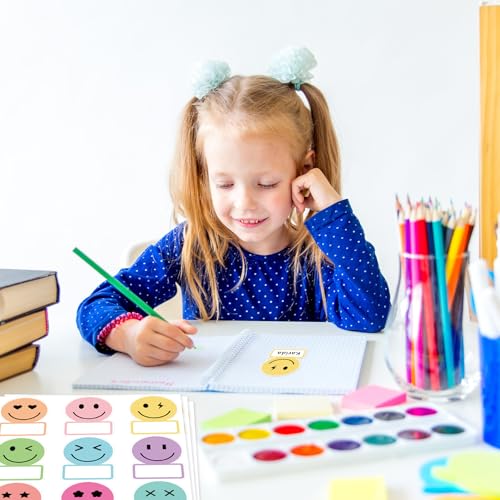 Image of Whaline 135Pcs Pastel Smile Face Name Tag Stickers 9 Designs Nameplate Decals Cute Desk Name Label for Back to School Classroom Bulletin Board Office Wall Decor