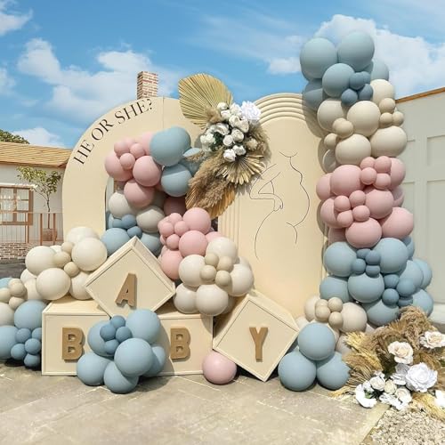 Image of Gender Reveal Balloon Arch Kit 139Pcs Dusty Pink and Fog Blue Balloons White Sand Balloons for Boho Wedding Bride Anniversary Birthday Baby Shower Bridal Bear Theme Decorations