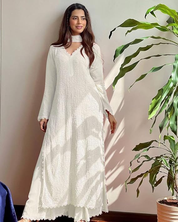 Image of Women's Chikankari Embroidered 3 Piece Suit Set in Faux Georgette - Long Gown Style Kurta with Lining with Dupatta