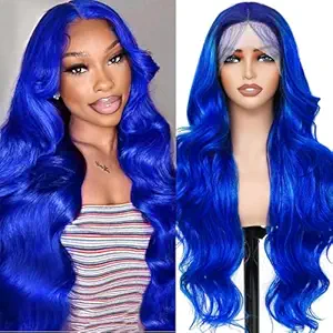 AAY 30 Inch Blue Wig Human Hair 200 Density Body Wave 13x4 HD Lace Front Wigs Human Hair Pre Plucked with Baby Hair Blue Human Lace Front Wigs Color Glueless Frontal Wig for Women