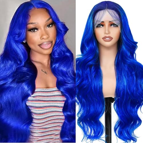 AAY 30 Inch Blue Wig Human Hair 200 Density Body Wave 13x4 HD Lace Front Wigs Human Hair Pre Plucked with Baby Hair Blue Human Lace Front Wigs Color Glueless Frontal Wig for Women