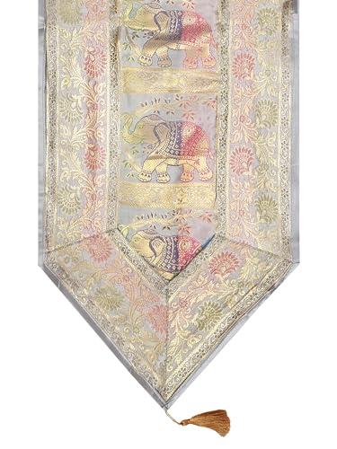 Image of Banarasi Brocade Zari Silk Table Runner Dinning & Centre Table Runner 177 By 30 CM (Grey, Elephant)