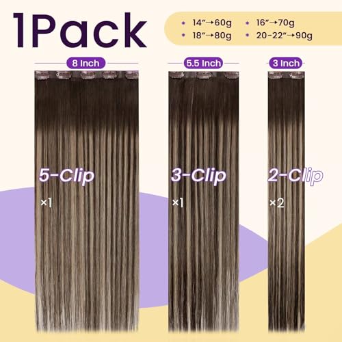 Image of LaaVoo Seamless Hair Extensions Clip in Human Hair | Dark Brown Ombre Hair Clips for Party, Invisible, Straight, Smooth, 14inch 4pcs 70g