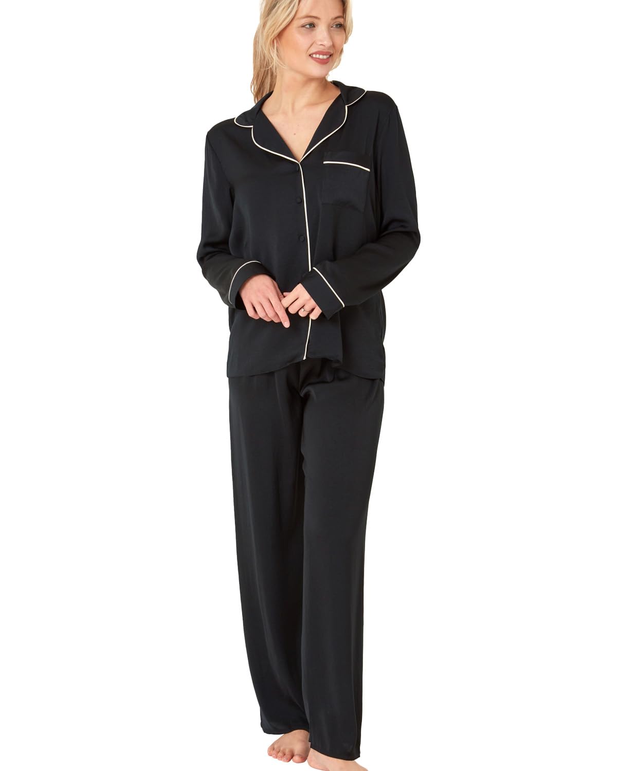 Undercover Women's Onyx Black Satin Long Pyjamas In38393 18-20