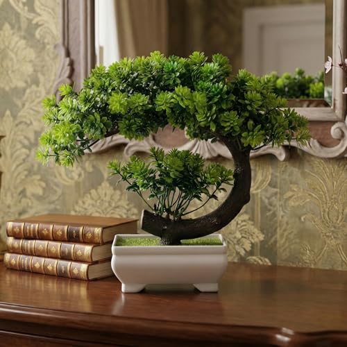 Image of Dekorly Small Fake Plants /Plastic Artificial Bonsai Tree for Bookshelf Bathroom Home Decor, Farmhouse Zen Garden Room Decor, Tall 8.5 inch (Green-Regular, Height : Upto 22CM)