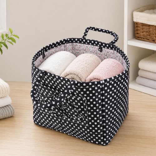 Image of Quilted Fabric Basket Foldable Car Storage Boho Floral Laundry Basket Hamper for Nursery Bedroom & Living Room | Organize Clothes Toys (Polka Dot)