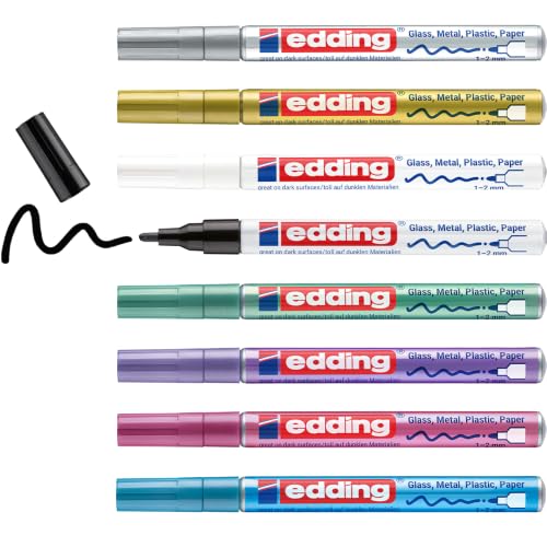 edding 751 Marcatori a Vernice Lucida, Mix di Colori Metallizzati, Set da 8, Punta Rotonda 1-2 Mm, Pennarello Indelebile per Vetro, Pietra, Legno, Plastica, Carta, Impermeabile, Alta Copertura