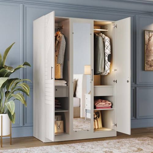 Image of Wakefit Wardrobe for Bedroom | 3 Yr Warranty | Cupboard for Bedroom, Almirah, Wooden Wardrobe, Comes with LED light, Storage Drawer, Mirror & Hanger, Density:680-750kg /m, Free Installation(Tyrian-LG)