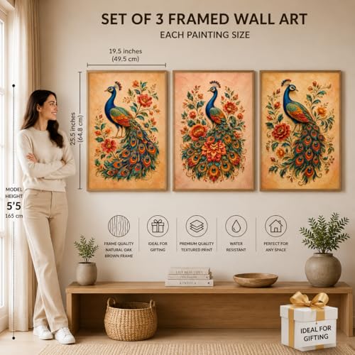 Image of Livin'luxe Set of 3 Peacock Floral Wall Paintings for Living Room Bedroom Home Decor with Premium Wooden Color Synthetic Frame, Ethnic Art (25.5 x 19.5 Inch) NM03-66
