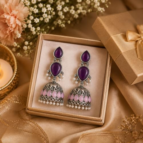 Image of Oxidised Silver Jhumka Earrings with Purple Stones, Pink Teardrop Accents and Pearl Drops