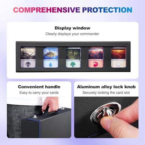 Image of UAONO Trading Card Storage Box with Commander Display, 5 Row Magic Card Box with Handle & Aluminum Alloy Locking for 3900+ Unsleeved Cards Suits for MTG PTCG TCG Sports Cards (Black Blue)