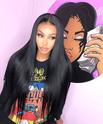 ALICE 13x6 Lace Front Black Wig, 22" Long Straight Middle Part Synthetic Wig for Women, Pre Plucked with Natural Hairline and Baby Hair