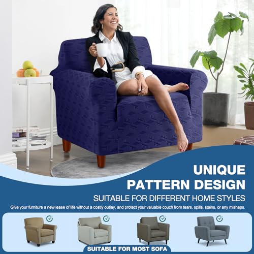 Image of TAOCOCO Stretch Chair Slipcover, 1Piece Non Slip Armchair Cover Washable Chair Sofa Slipcover with 1PCS Throw Pillow Cover, Jacquard Furniture Protector for Pets Dog(1 Seater,Dark Blue)
