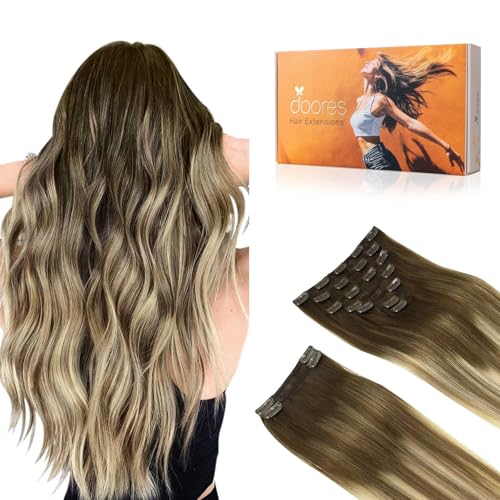 DOORES Clip in Human Hair Extensions, Balayage Walnut Brown to Ash Brown and Bleach Blonde 24 Inch 9pcs 150g, Human Hair Extensions Clip in Extensions Human Hair Natural Thick Silky Straight