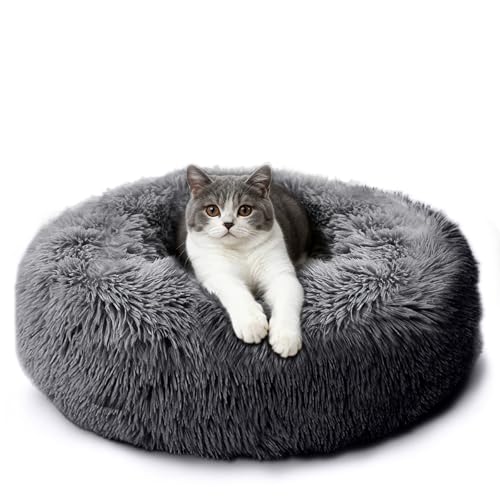 CALIYO Katzenbett Flauschig, Hundebett Kleine Hunde, Katzenkissen Hundekissen Waschbar, Trocknergeeignetes Katzen Bett, Hundebetten Rund Katzenkörbchen Durchmesser 60 cm(Dunkelgrau)