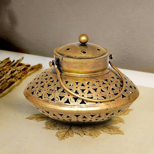 Image of Metal Brass Dhoop Dani Degchi Style Tea Light Candle Holder | Medium Size 7 inch in Wall Hanging Table Top Dhoop Stand Home Decor | Incense Dhup Burner for Pooja Room or Diwali Decoration