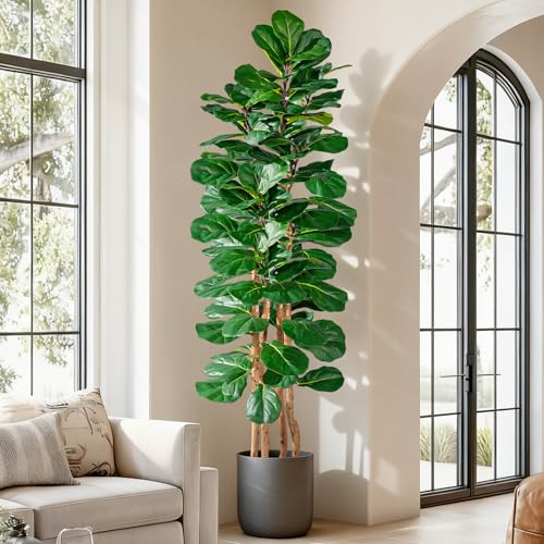 Image of Artificial Fiddle Leaf Fig Tree 6FT, Faux Fig Tree Indoor with Natural Wood Trunk & Realistic Leaves with Moss Pot Fake Ficus Tree Large Faux Floor Plant for Living Room Home Decor, House Plant