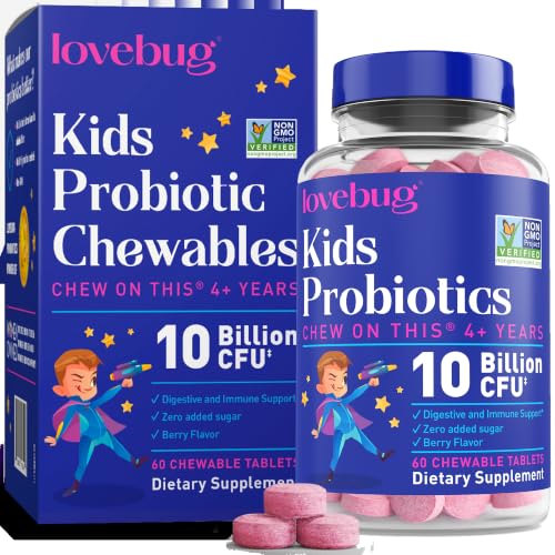 LOVEBUG Probiotics for Kids Probiotic Chewables with Prebiotic Fiber for Age 4+ Daily Childrens Gut Health Constipation Digestive & Immune Support Supplement Sugar-Free Berry Flavor 60 ct