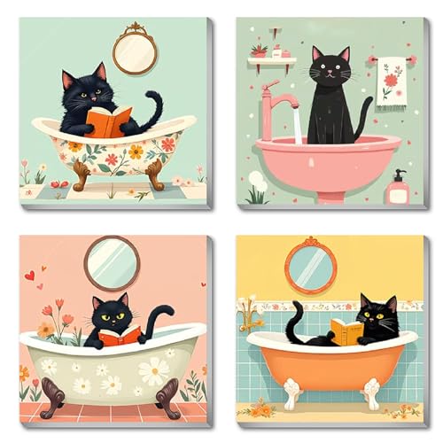 Canrichshop 4P Bathing Cat Paint by Numbers for Beginner with Frame Black Cat Adult Painting by Numbers Kits on Canvas DIY Oil Painting for Decor 8X 8 inch