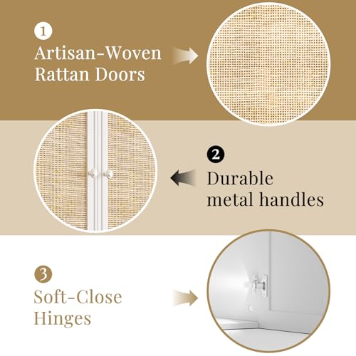 Image of Laundry Room Cabinets with Lights, 24INCH Bathroom Cabinets Wall Mounted with Adjustable Shelves, Rattan Wall Cabinet for Bedroom, Kitchen, Bathroom (2PCS, White)