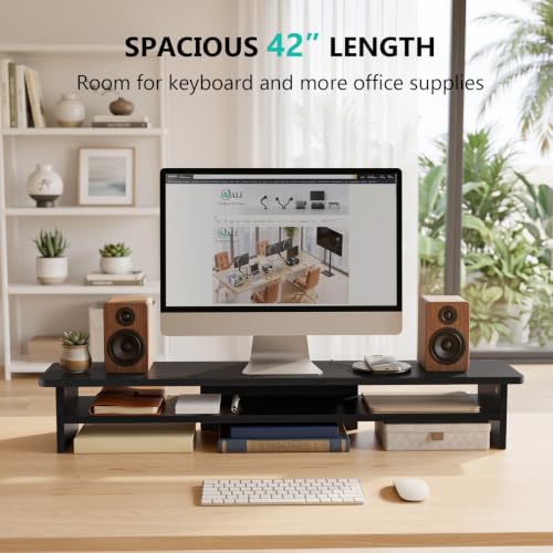 Image of WALI 42 inch Large Wood Dual Monitor Stand Riser with Storage, up to 88lbs | Multi-Purpose Computer Stands, 2 Tier Desktop Organizer Desk Shelf for Home Office PC, Laptop, Printer, TV (WTT001), Black