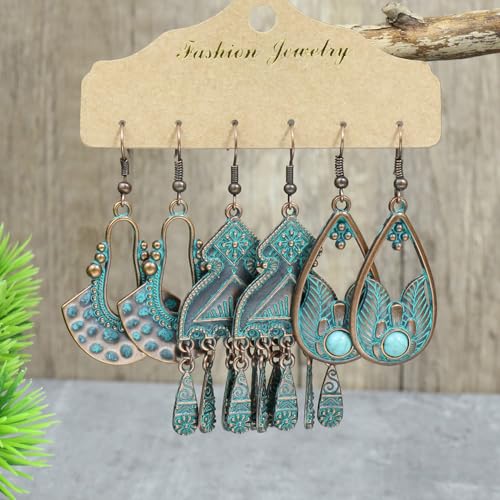 Image of Young & Forever Gift 3 Pairs Turquoise Bronze Vintage Earrings Bohemian Statement Earrings for Women Girls Retro Boho Drop Dangle Earrings Set for Women