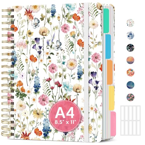 Large Spiral Lined Notebooks for Work with Removable Dividers & Tabs, 8.5'x11' Pretty Hardcover 5 Subject Notebook Journal for Women, College Ruled, Perfect for Study & Office Organization, 280 Pages,Wildflowers