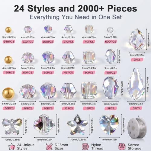 Image of PATPAT 2000Pcs Glass Beads for Jewellery Making, 24 Styles 3-15mm Crystal Beads for Bracelet Making Assorted Faceted Craft Bead Kit for DIY Bracelet Necklace Earring Suncatcher, Handmade Accessories