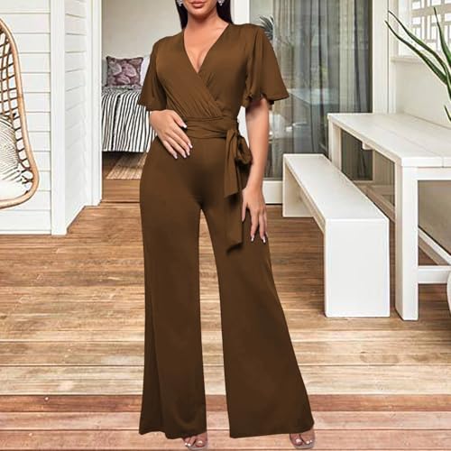 Image of PaladMom Womens Elegant Plus Size Jumpsuits Sexy Back zipper Short Sleeve Mid Waist Wide Leg Straight Rompers