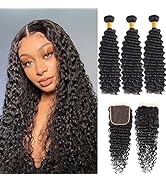 Veravicky Deep Wave Human Hair Bundles, Deep Wave Hair 3 Bundles with Closure (14" 16" 18"+12" Fr...